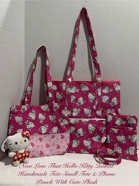 New Hello Kitty Hot Pink Quilted Tote, Small Tote & Phone Pouch Set
